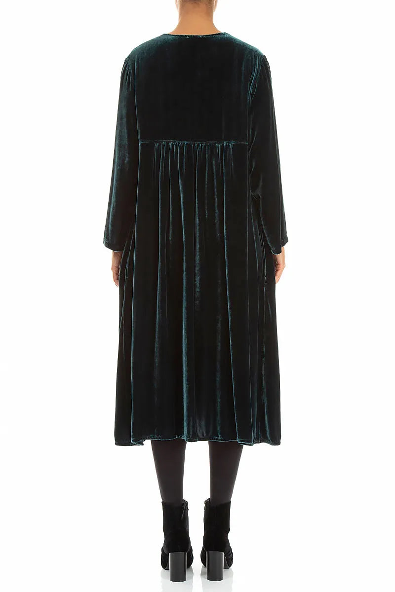 Robe romantique en Velours de Soie Turquoise profond à plis pincés