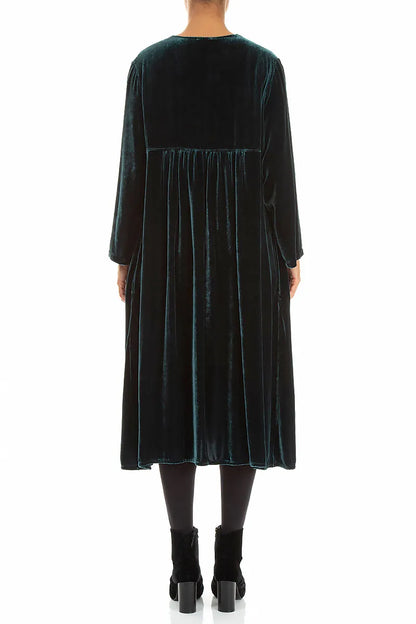Robe romantique en Velours de Soie Turquoise profond à plis pincés