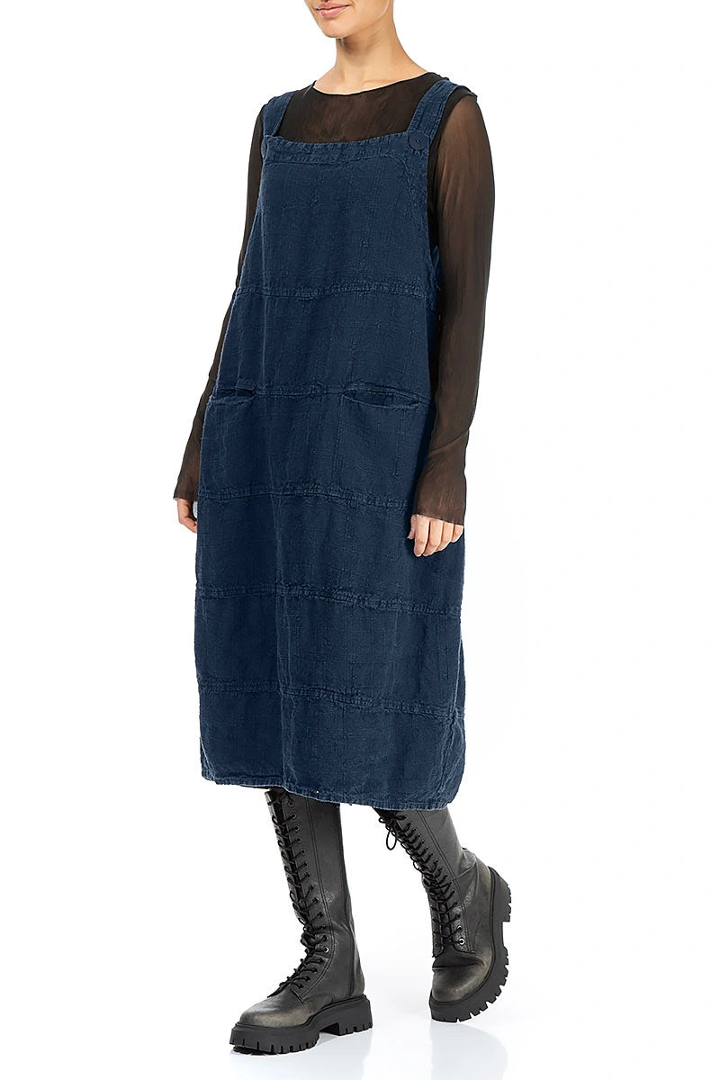 Royal Blue Patterned Linen Dungaree Dress 4