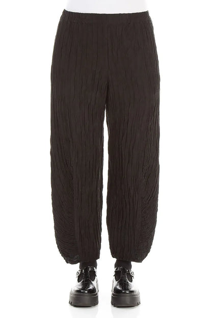 Ruched Hem Black Crinkled Silk Linen Trousers 1