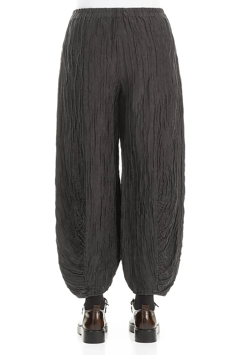 Ruched Hem Charcoal Crinkled Silk Linen Trousers 2