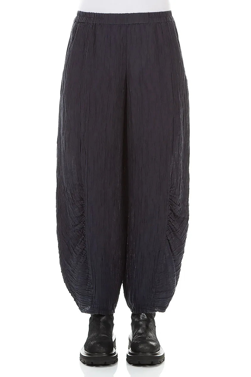 Ruched Hem Graphite Blue Crinkled Silk Trousers 1