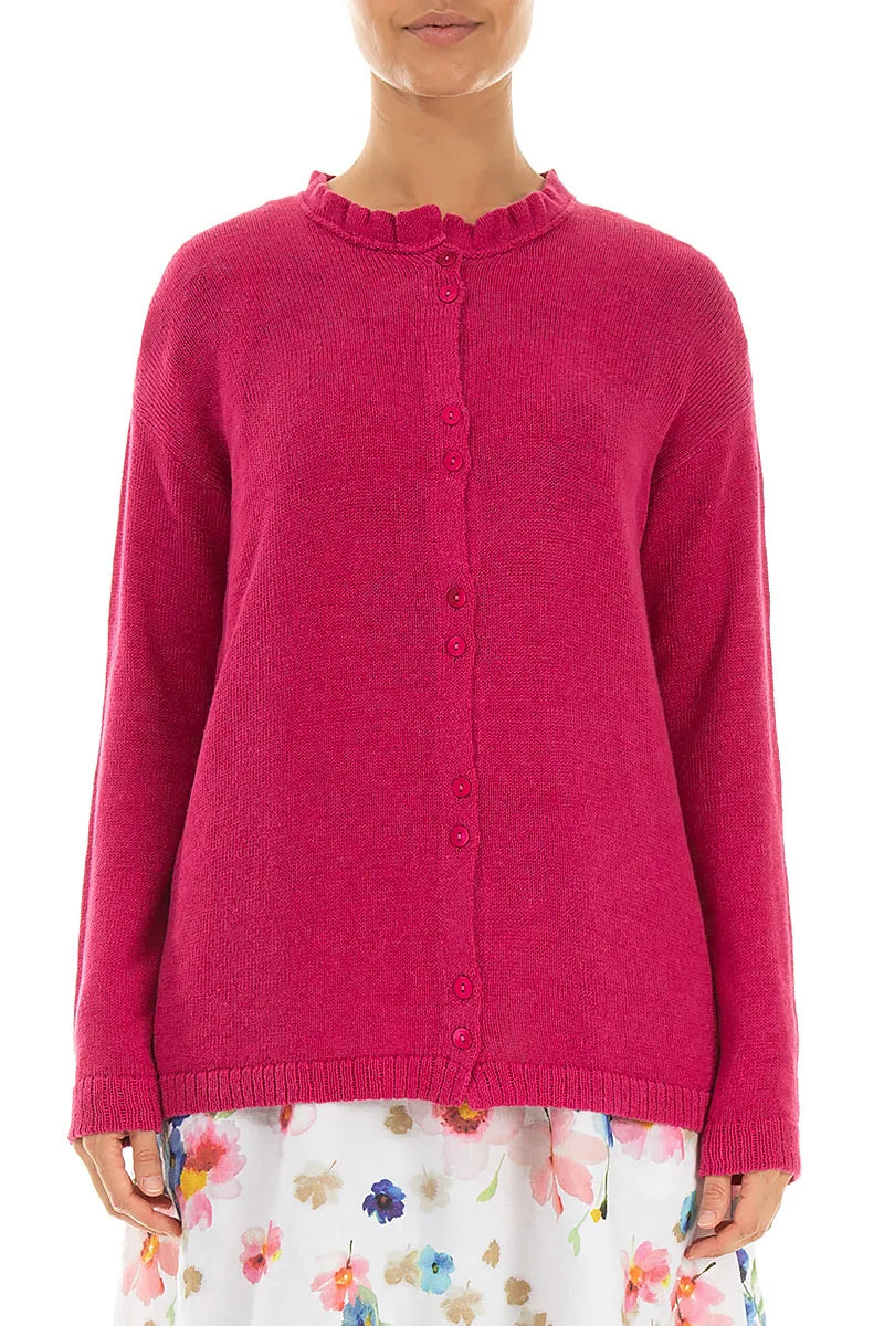 Ruffle Neck Fuchsia Linen Cardigan 1