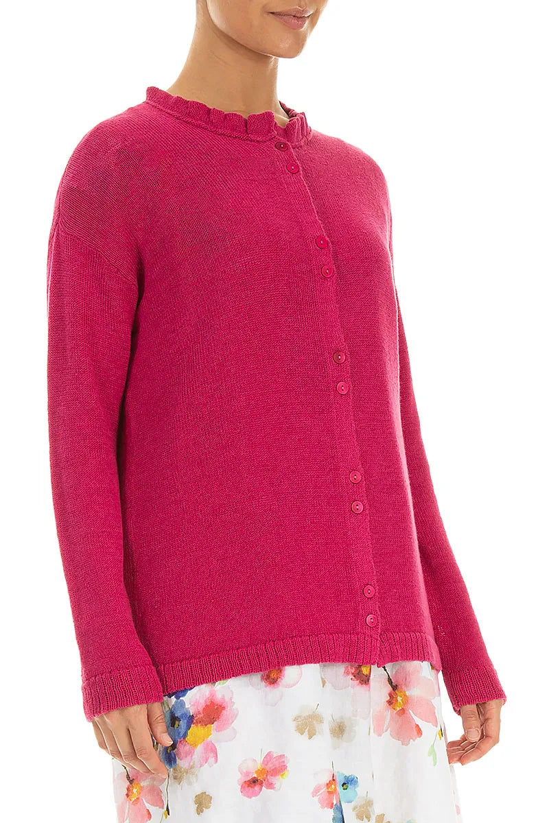 Ruffle Neck Fuchsia Linen Cardigan 3