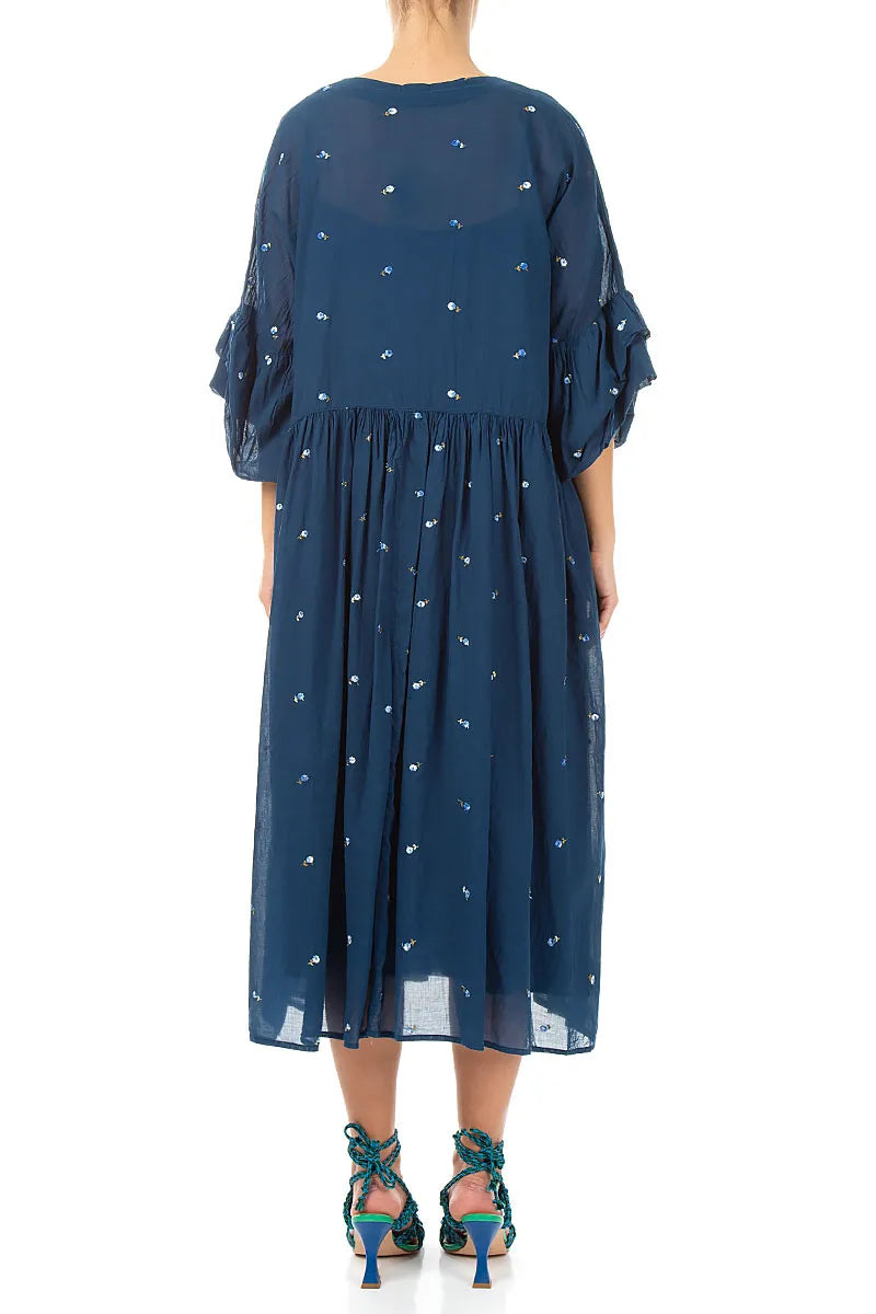 Ruffle Sleeve Navy Embroidered Petals Cotton Dress 2