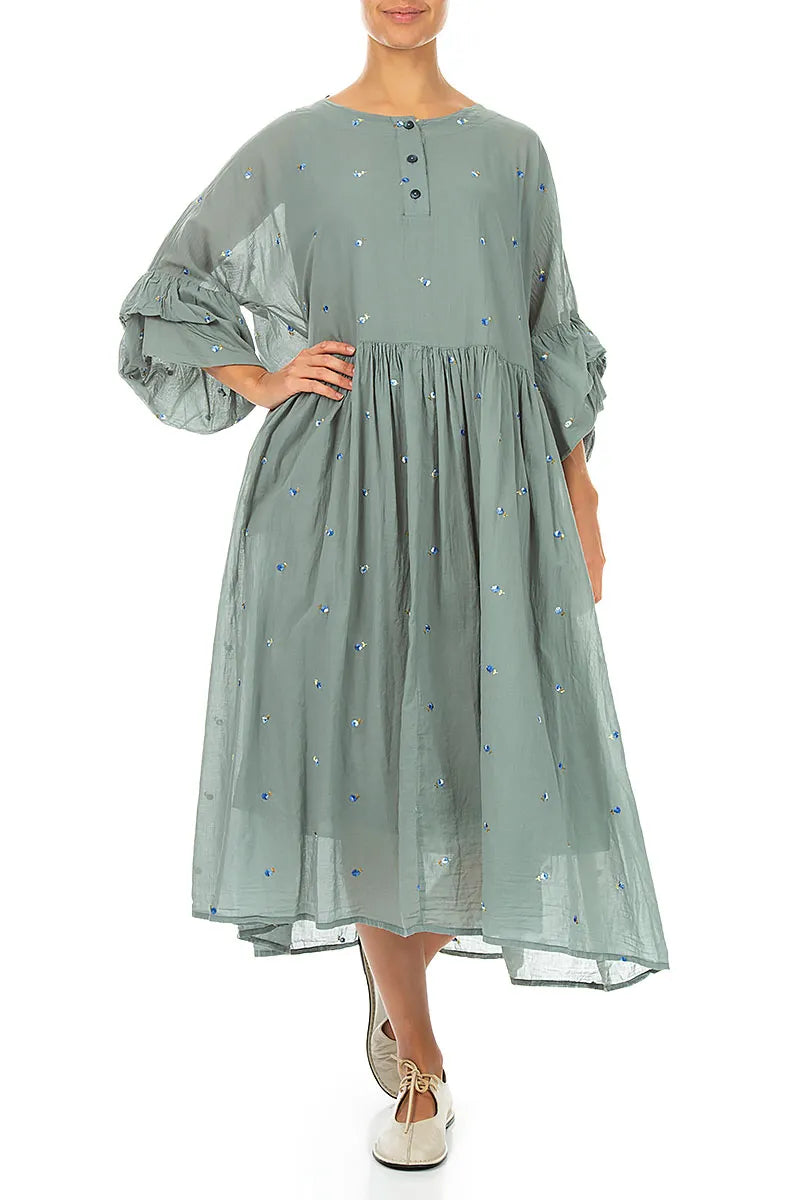 Ruffle Sleeve Sage Embroidered Petals Cotton Dress 4
