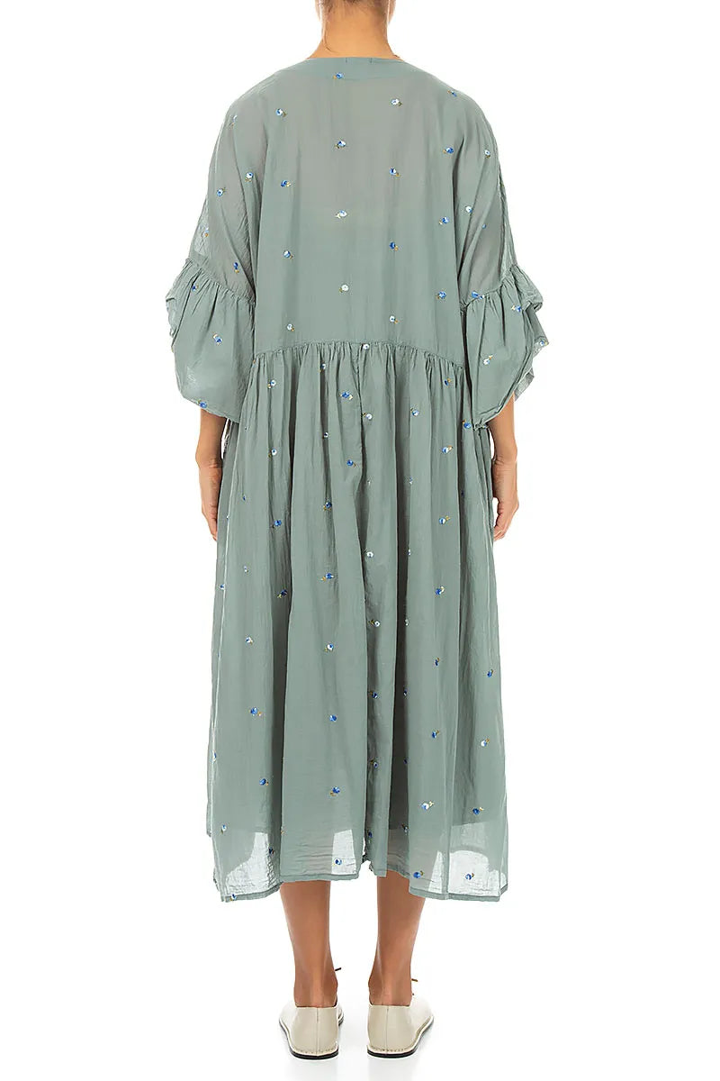 Ruffle Sleeve Sage Embroidered Petals Cotton Dress 2