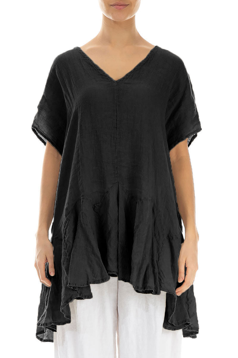 Ruffled Black Gauze Linen Blouse 1