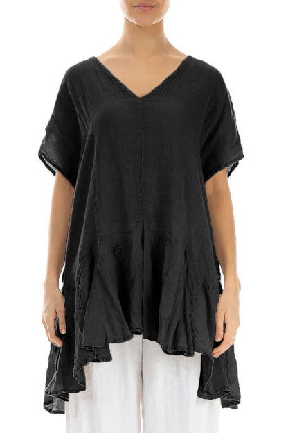 Ruffled Black Gauze Linen Blouse 1