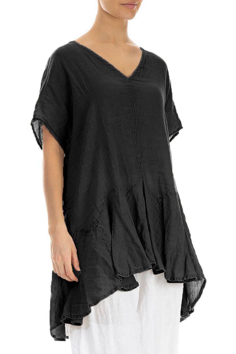 Ruffled Black Gauze Linen Blouse 3