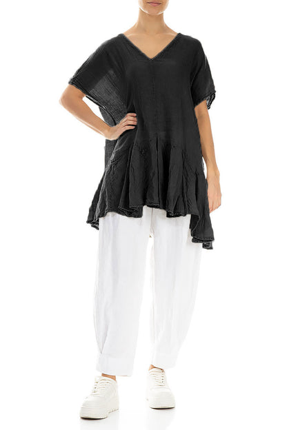 Ruffled Black Gauze Linen Blouse 4