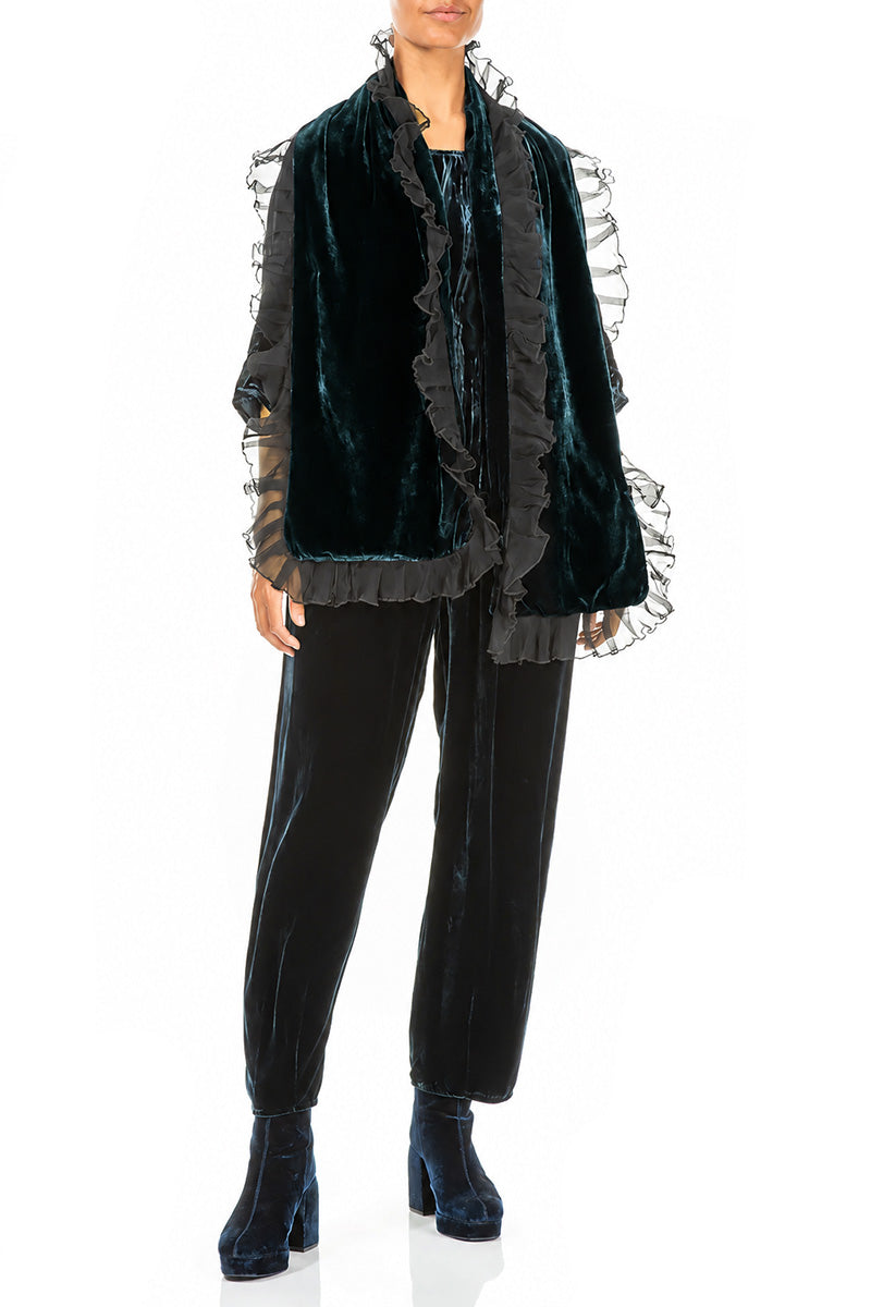 Ruffled Deep Turquoise Silk Velvet Scarf 2