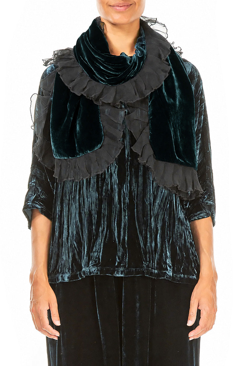 Ruffled Deep Turquoise Silk Velvet Scarf 1