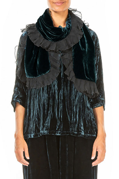 Ruffled Deep Turquoise Silk Velvet Scarf