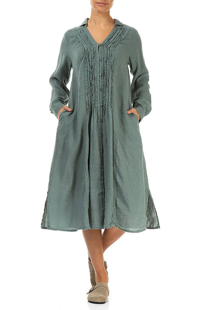 Sage Pintuck Linen Shirt Dress 4