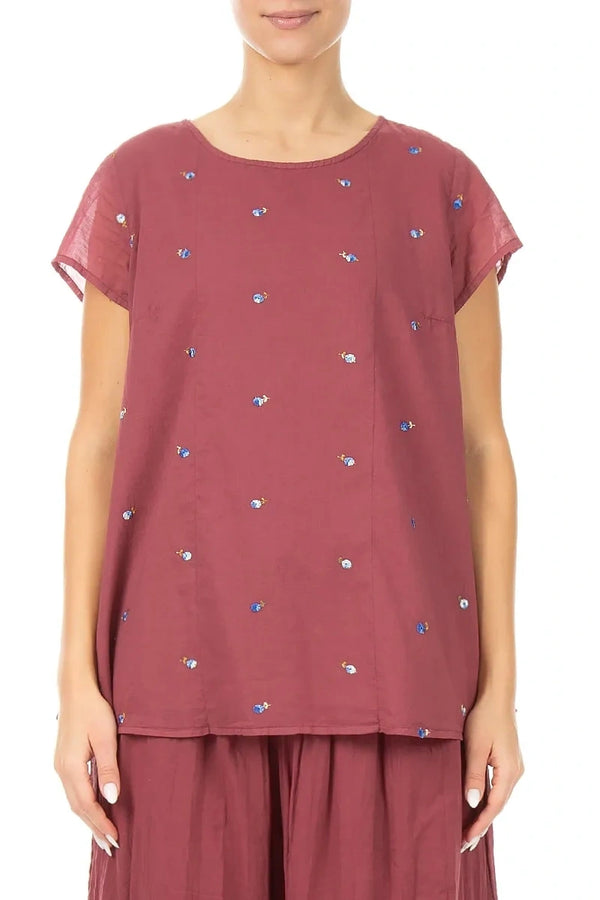 Short Sleeves Antique Ruby Embroidered Petals Cotton Top 1