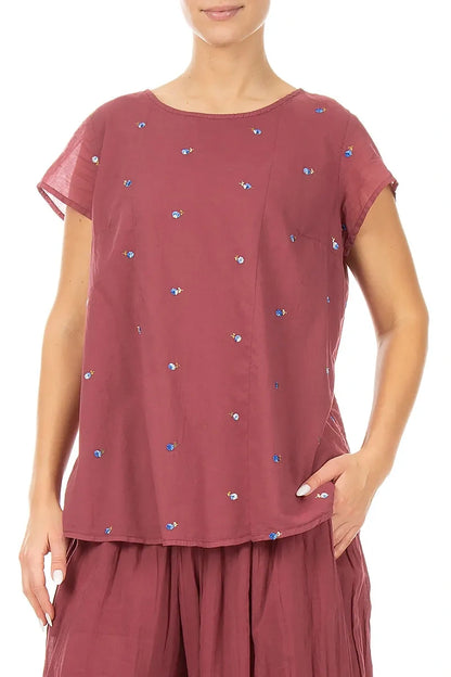 Short Sleeves Antique Ruby Embroidered Petals Cotton Top 3