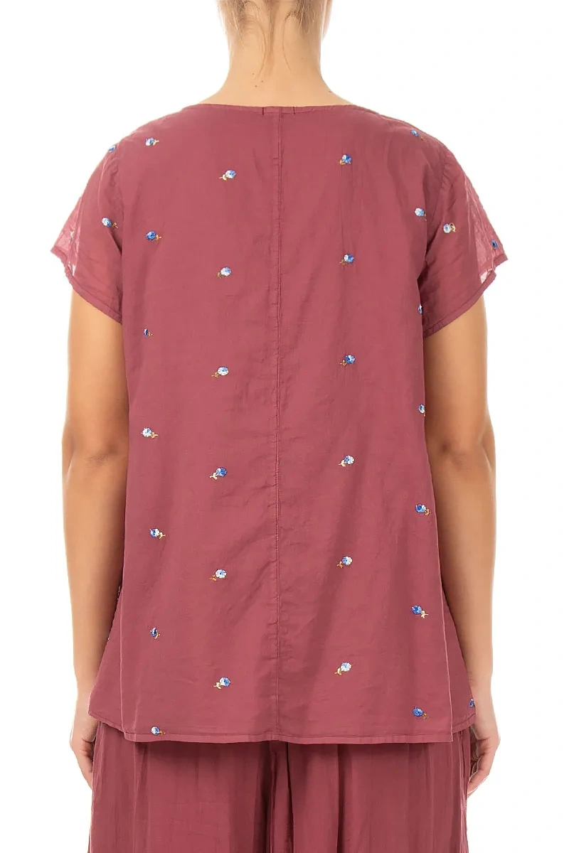 Short Sleeves Antique Ruby Embroidered Petals Cotton Top 2