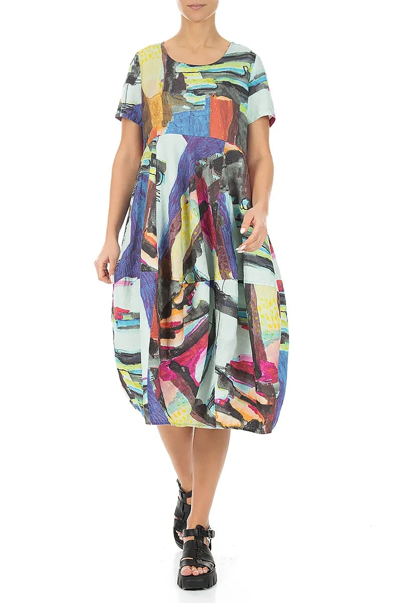 Short Sleeves Balloon Abstract Linen Dress 3