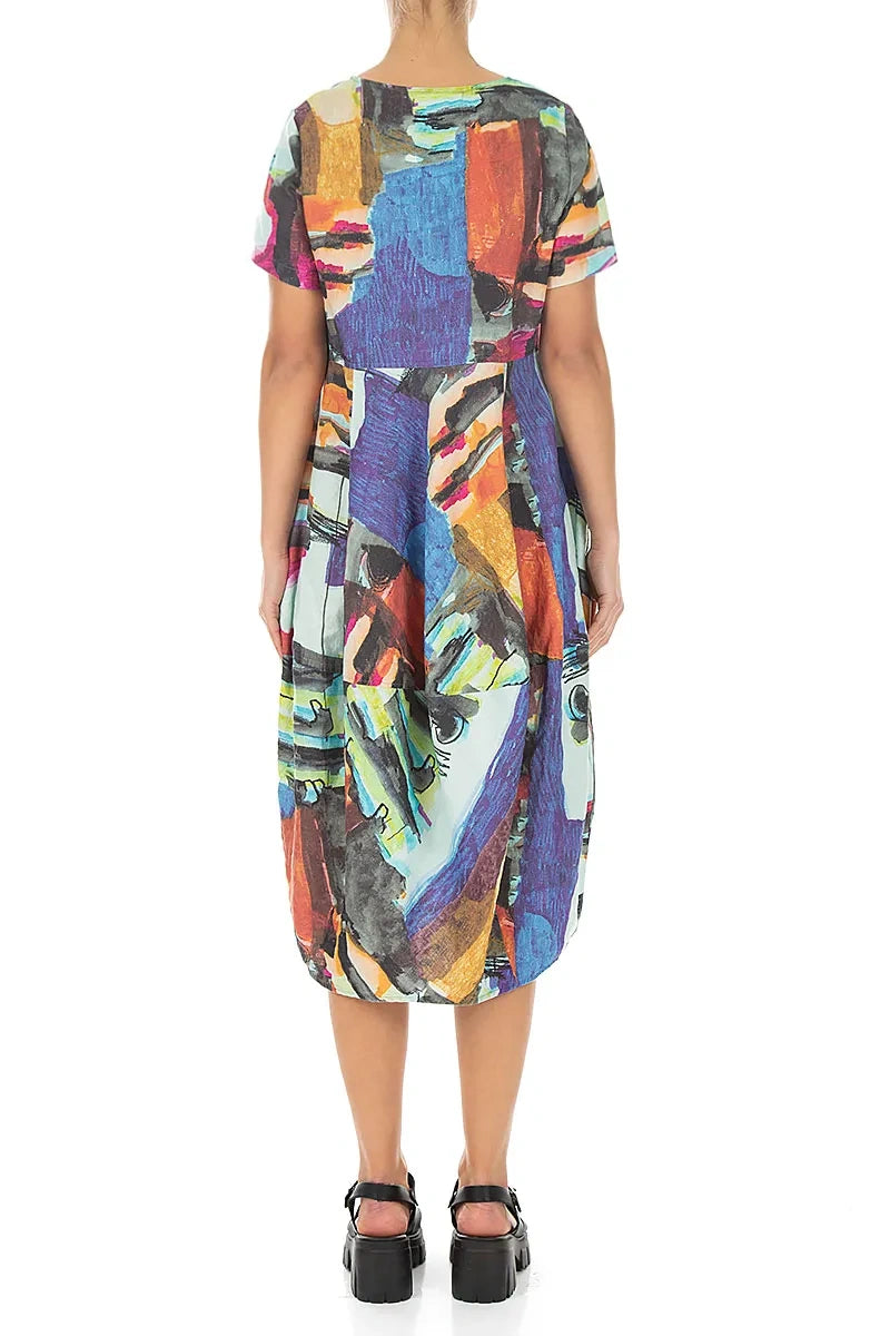 Short Sleeves Balloon Abstract Linen Dress 2