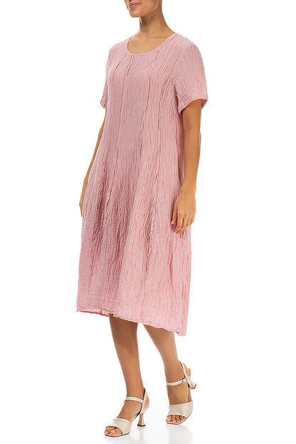Short Sleeves Balloon Crinkled Powder Pink Silk Dress 3