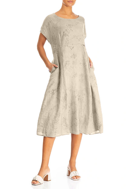 Short Sleeves Beige Blossom Linen Dress 4