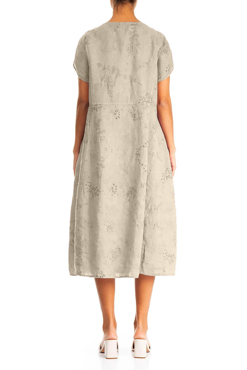 Short Sleeves Beige Blossom Linen Dress 2