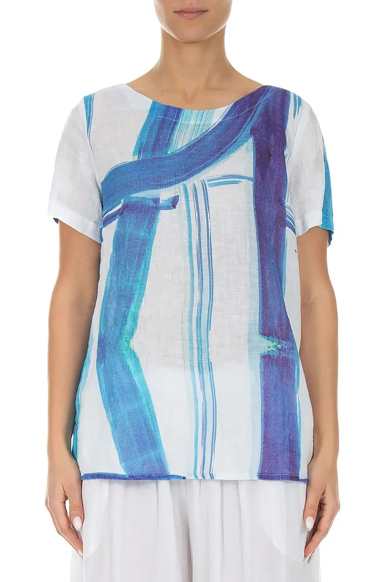 Short Sleeves Blue Brushstroke Linen Top 1