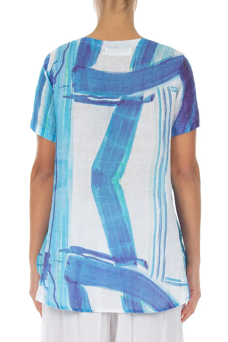 Short Sleeves Blue Brushstroke Linen Top 2