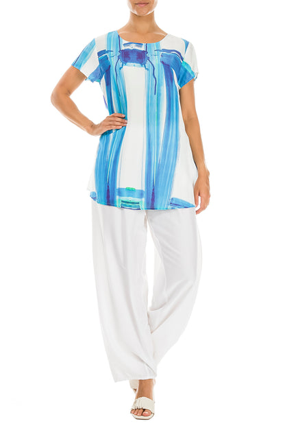 Short Sleeves Blue Brushstroke Silk Bamboo Top 6