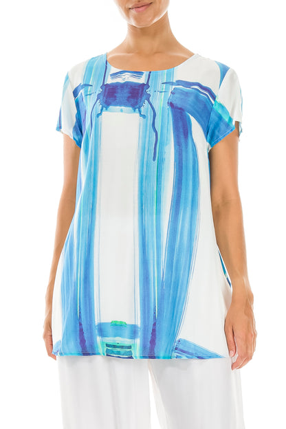 Short Sleeves Blue Brushstroke Silk Bamboo Top 4