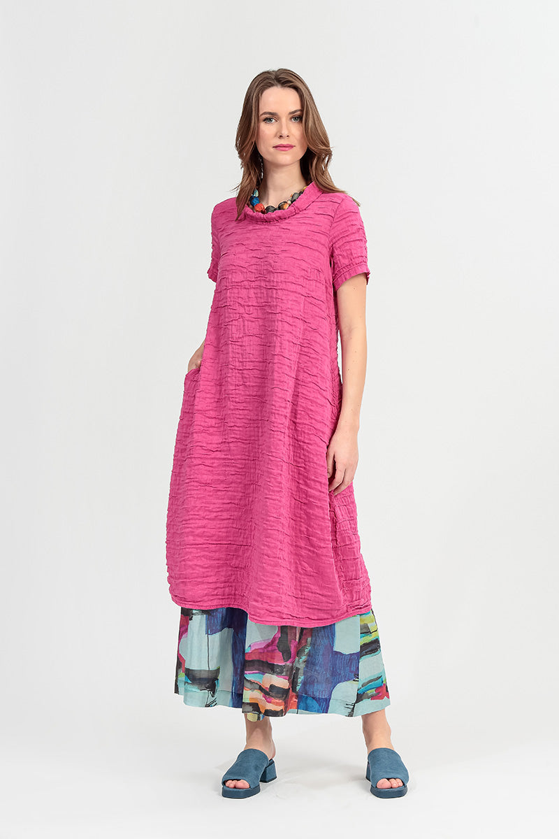 Short Sleeves Cowl Neck Fuchsia Crinkled Silk Linen Dress 8