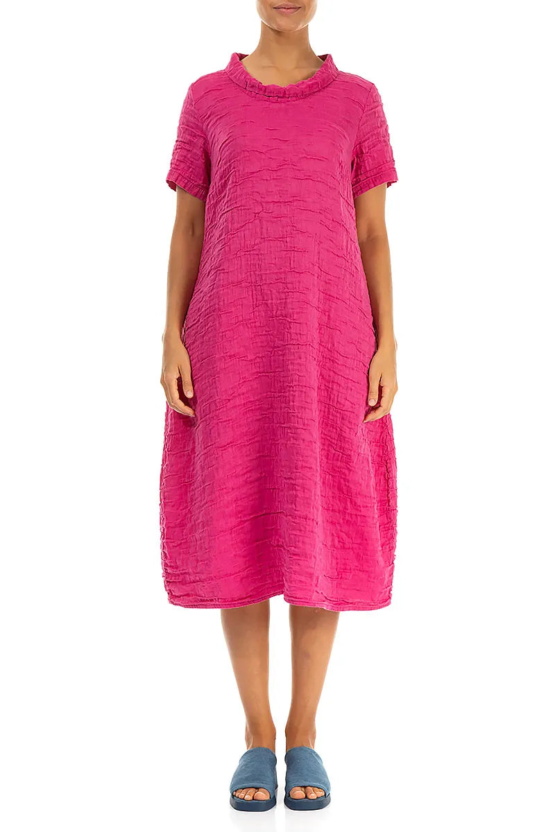 Short Sleeves Cowl Neck Fuchsia Crinkled Silk Linen Dress 1