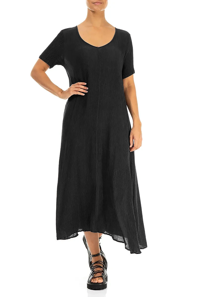 Short Sleeves Flared Black Silk Viscose Dress 4