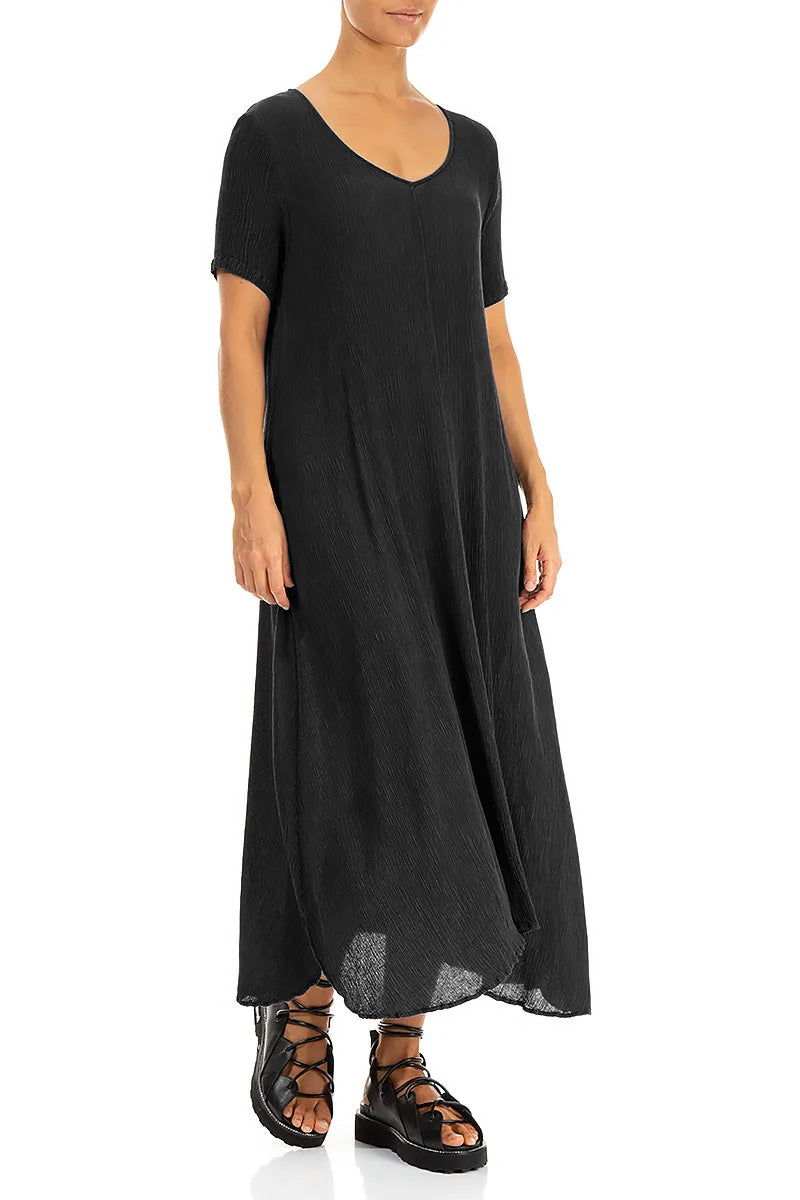 Short Sleeves Flared Black Silk Viscose Dress 3