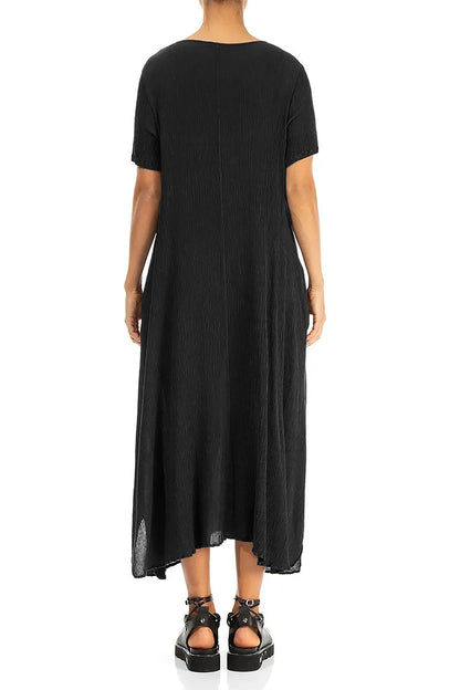 Short Sleeves Flared Black Silk Viscose Dress 2