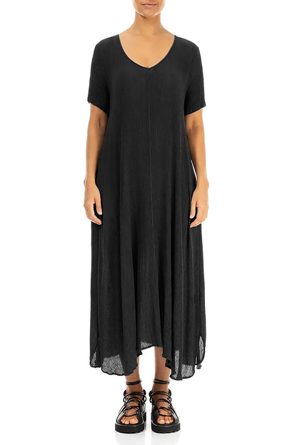 Short Sleeves Flared Black Silk Viscose Dress 1