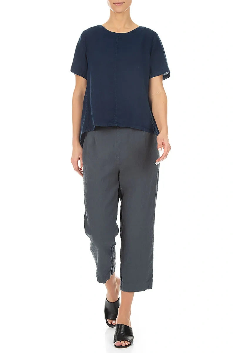 Short Sleeves Flared Navy Linen Top 4