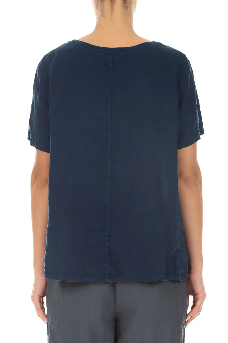 Short Sleeves Flared Navy Linen Top 2