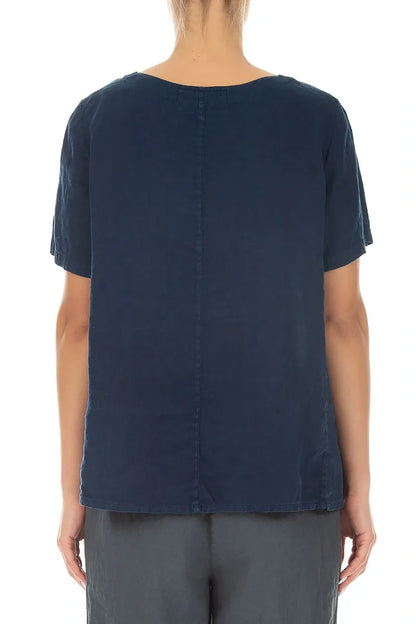 Short Sleeves Flared Navy Linen Top 2