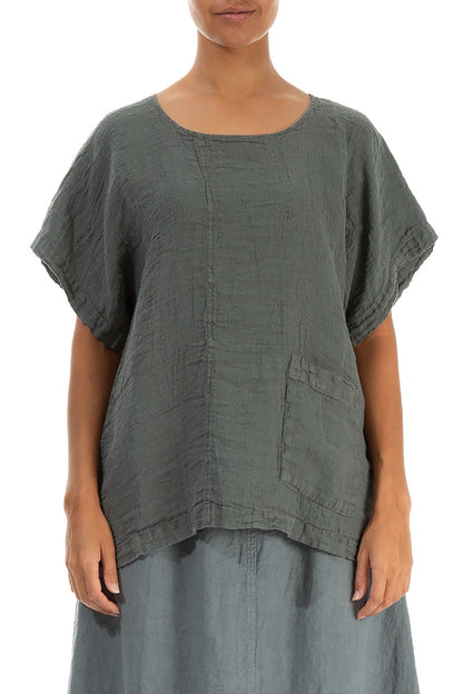 Short Sleeves Sage Crêpe Linen Blouse 1