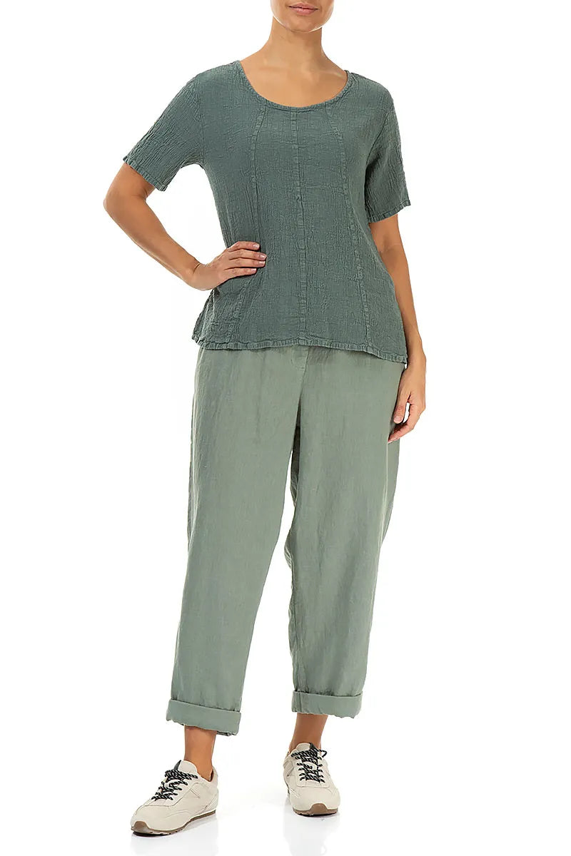 Short Sleeves Sage Linen Viscose Blouse 4