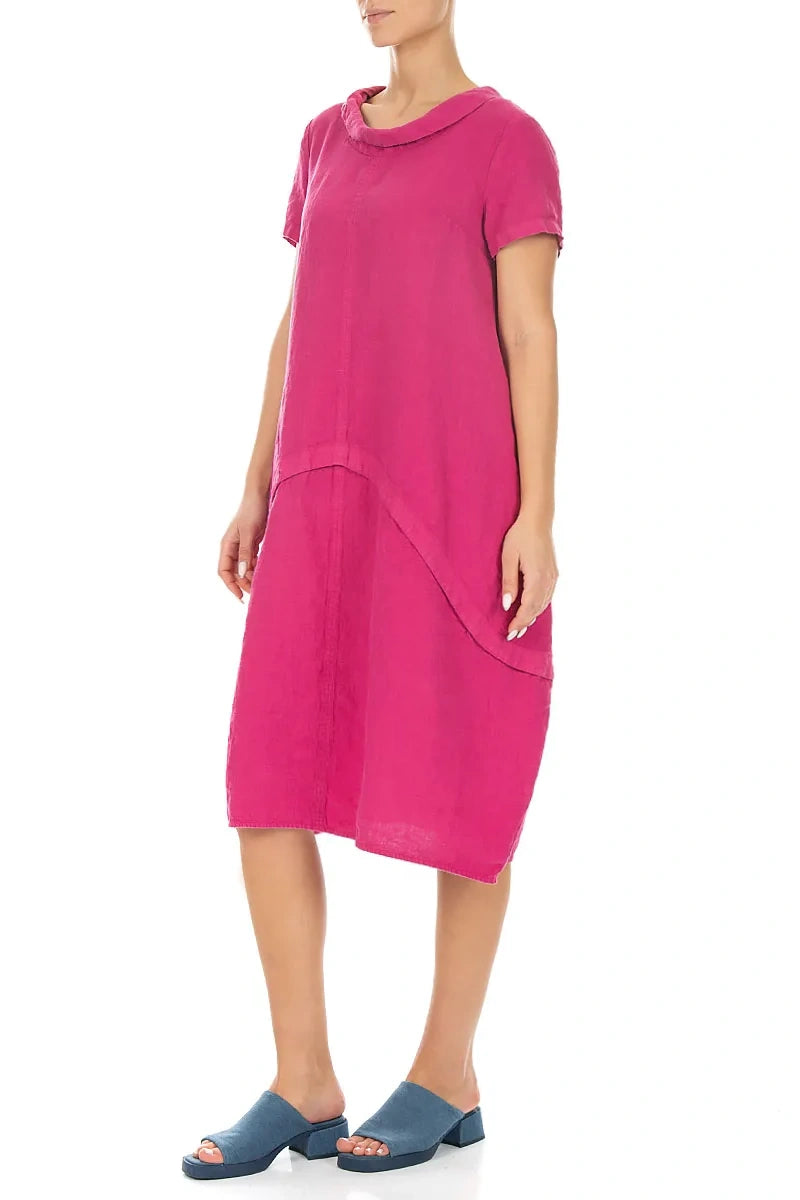Short Sleeves Sculpted Fuchsia Linen Dress 3