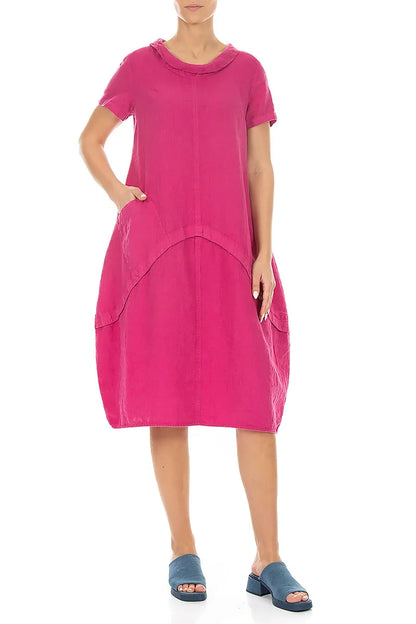 Short Sleeves Sculpted Fuchsia Linen Dress 4