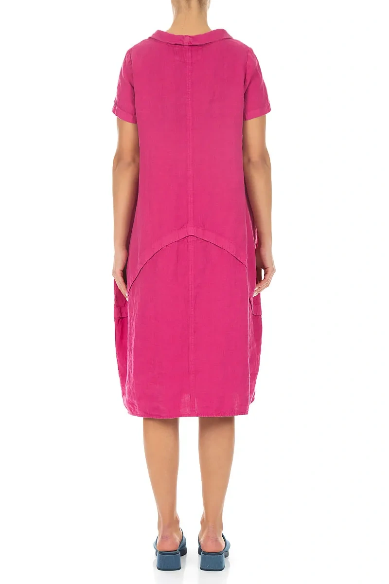 Short Sleeves Sculpted Fuchsia Linen Dress 2