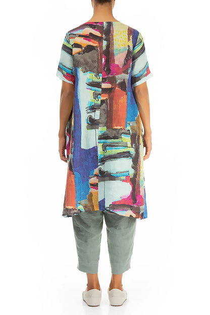 Side Buttons Abstract Linen Tunic Dress 3