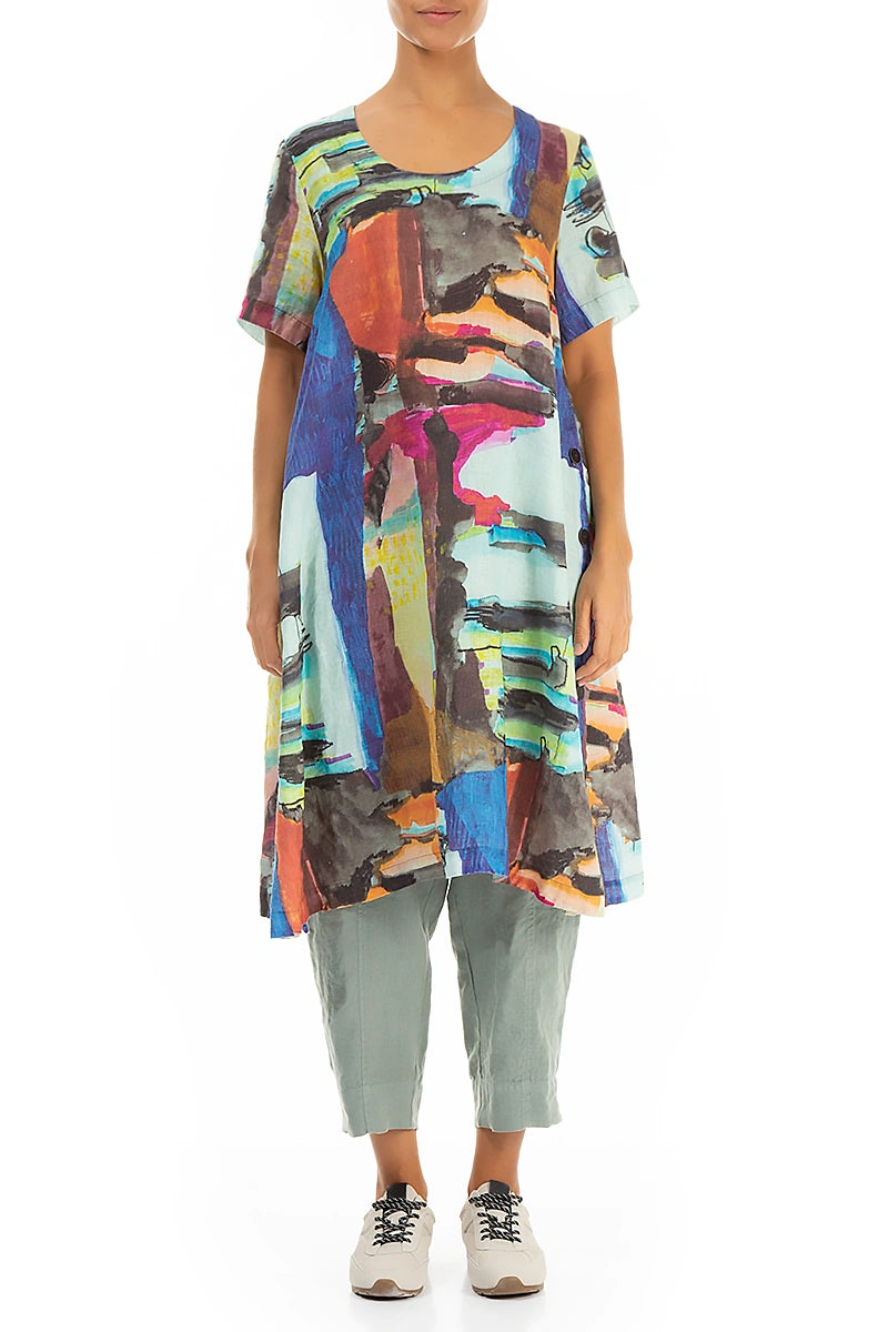 Side Buttons Abstract Linen Tunic Dress 2
