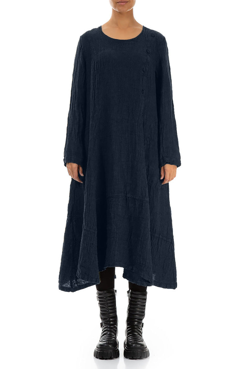 Side Buttons Royal Blue Mélange Linen Dress 1