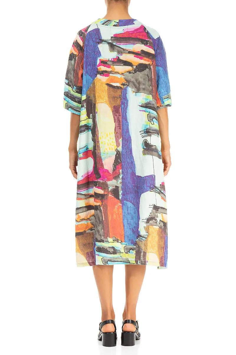 Side Pocket V-Neck Abstract Linen Dress 2