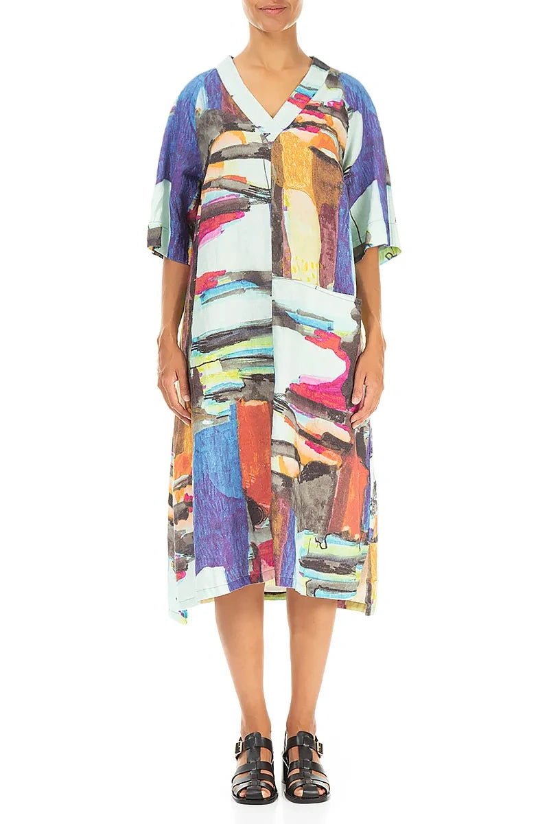 Side Pocket V-Neck Abstract Linen Dress 1